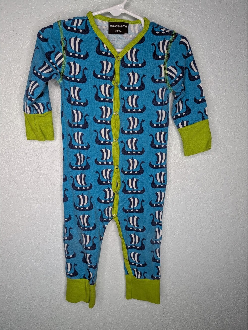 Maxomorra Sweden Baby Blue Viking Ship Organic Cotton One-Piece 74/80